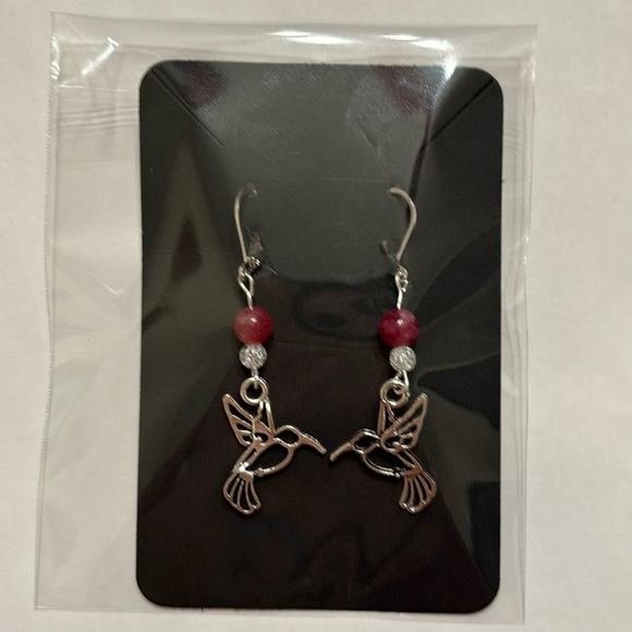 handmade 925 sterling silver pink hummingbird charm earrings leverback - Picture 5 of 5